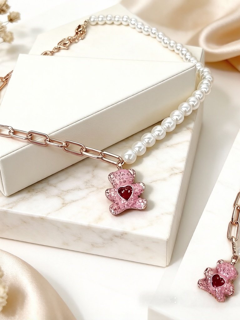 Swarovski Teddy Pink Teddy Bear Pearl Necklace With Clavicle Pendant